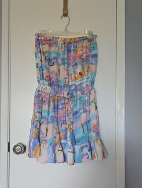 Strapless Pastel Beach Print Dress
